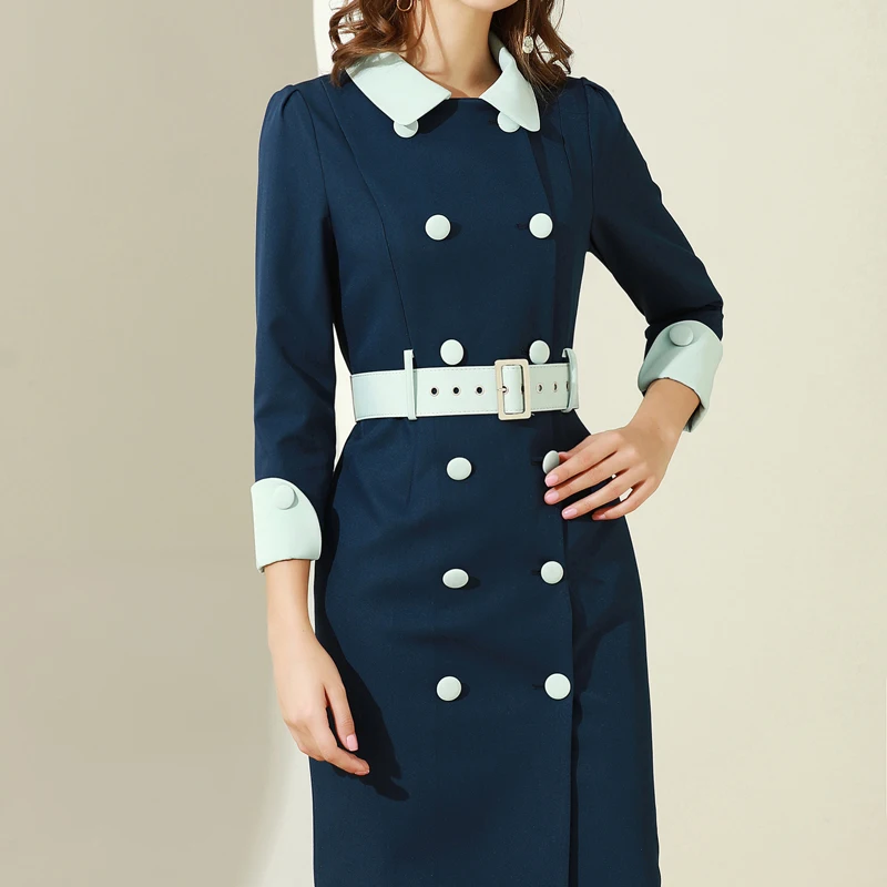 

2020 Fall New Style Contrast Color Double-Breasted Belt Slim Fit Temperament Three-Quarter Sleeve Dress Women High Quality