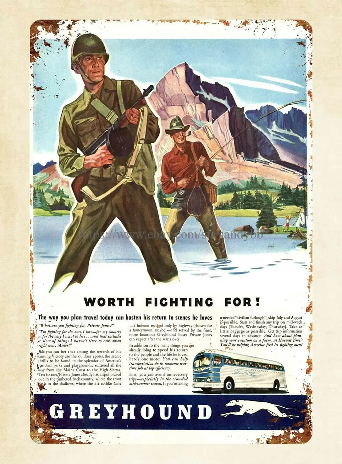 

1943 WW2 greyhound ad worth fighting for metal tin sign metal plaque wall decor