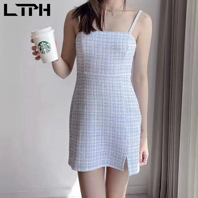 

LTPH light blue plaid tweed sleeveless camisole dress women high waist slim Package Hip vintage elegant dresses 2021 summer new