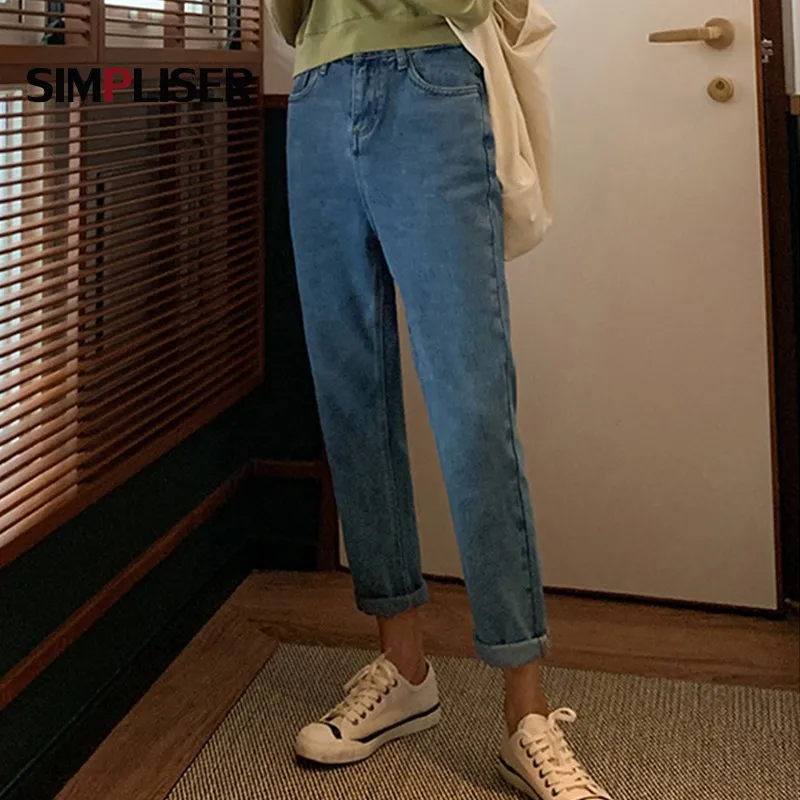 Мягкие джинсы женские синие черные для мам брюки 2020 с завышенной талией Boufriend |