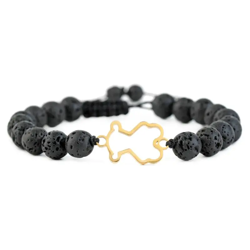 

Natural volcanic stone bracelet, The bear jewelry, Cute Titanium steel bear bracelet, DIY hand woven adjustable bear bracelet.