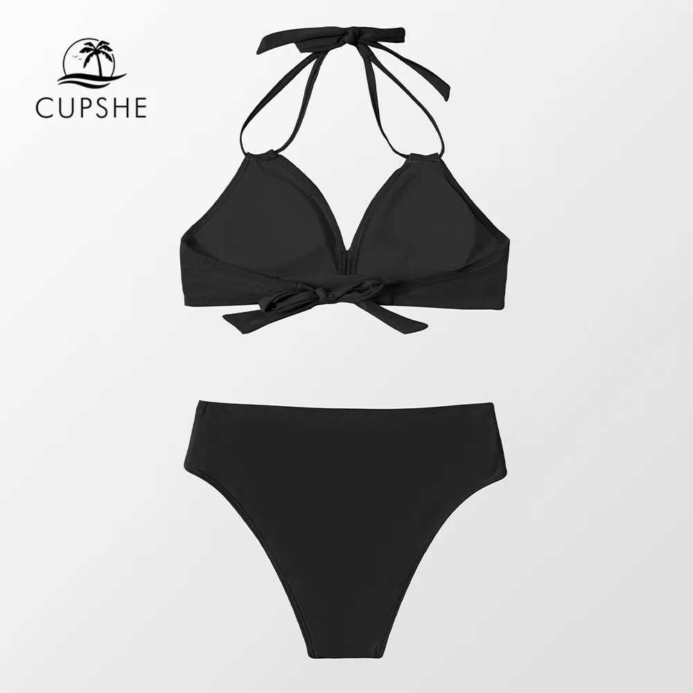 CUPSHE Black Halter Mid Waist Bikini Sets Swimsuit For Women Sexy Back Tie Two Pieces Beachwear 2022 New Bathing Suit Swimwear |
