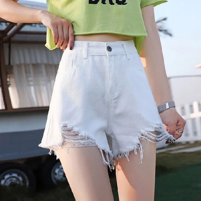 

Ripped Denim Shorts Women's Summer 2021 New High-waisted Loose A-line Pants Are Thin and Wide-legged Black Shorts.