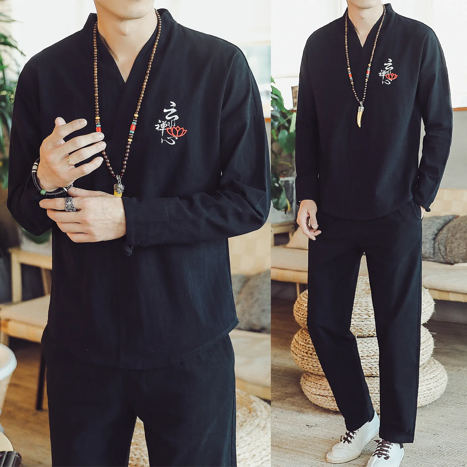 Костюм в китайском стиле для мужчин приталенный костюм Хань Тан из хлопка и льна