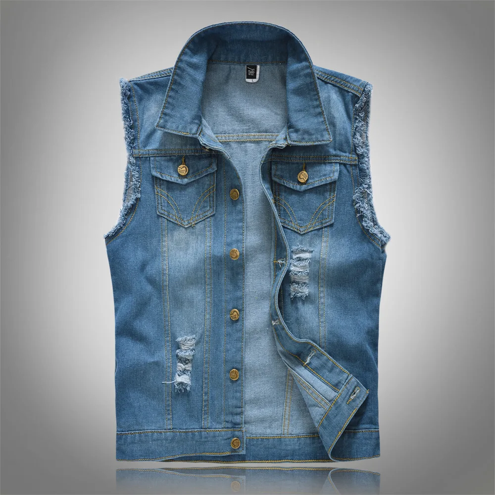 Button Coats Men's Ripped Vest and Jacket Casual Denim Vests Men Retro Sleeveless Slim Fit Male Jeans Tank Top Plus Size Fashion