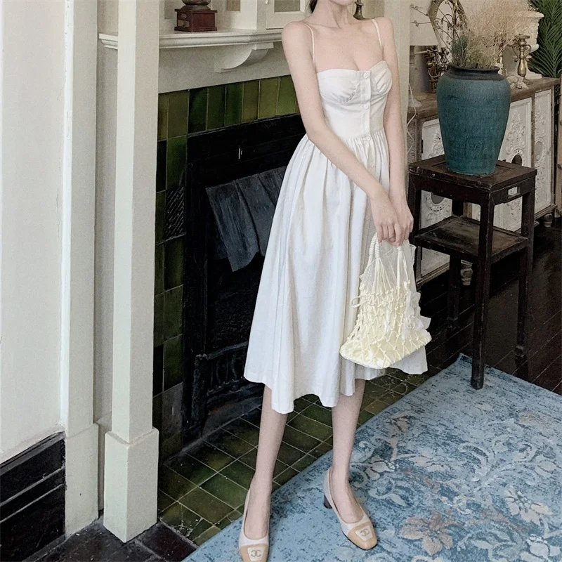 

Strap Dress for Women 2021 Summer New Retro Fairy White Base Skirt Mid-Length Fitted Waist Pleated Skirt
