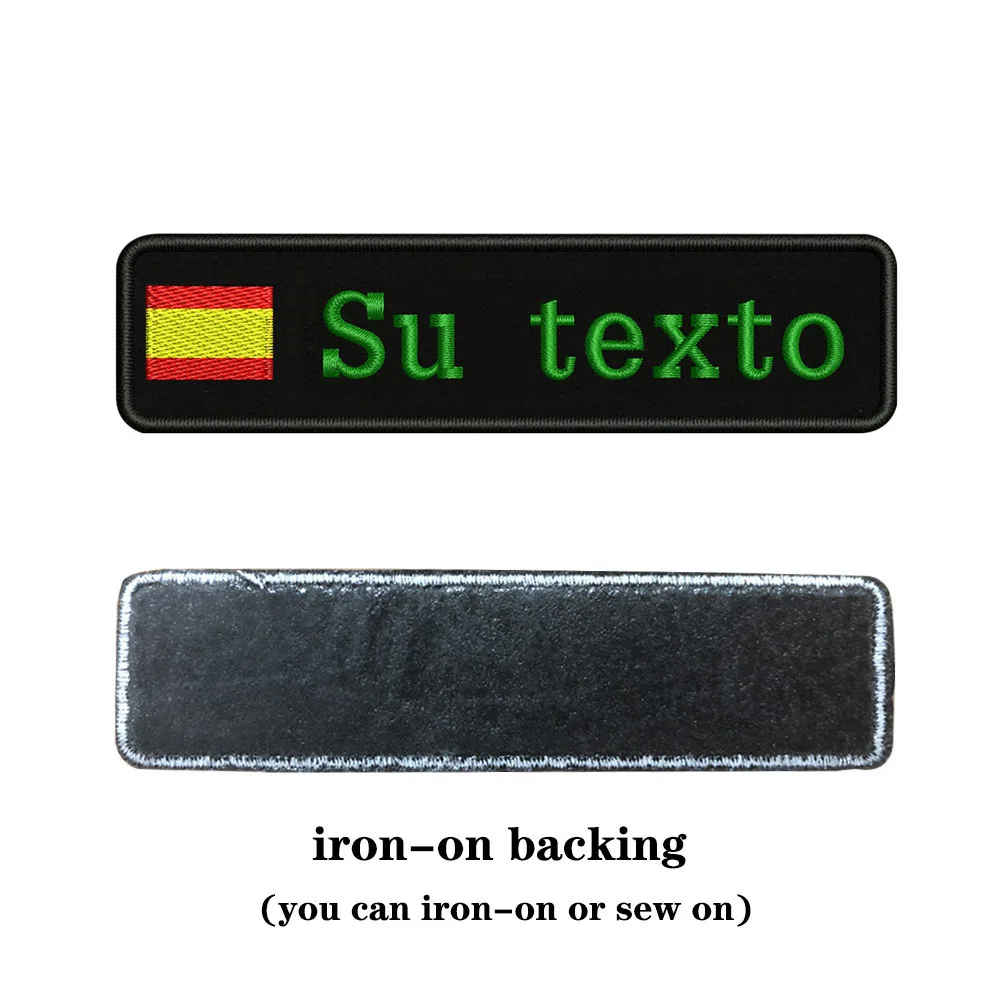 green-iron on На заказ Вышивка Флаг Испании имя или заплатка с текстом 10 см* 2,5 см значок Утюг на или липучке Подложка для одежды брюки рюкзак шляпа - Цвет: green-iron on