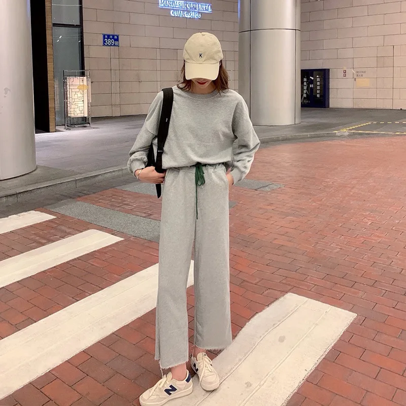 Women's Sportswear Casual Sweatshirt Suit 2021 Spring New Solid Color Sweater Loose Wide-leg Pants Two-piece Unisex Couple Suit