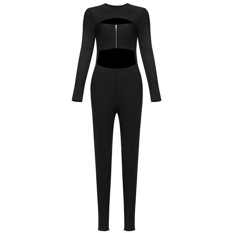 

UKCNSEP Bandage Jumpsuit 2021 New Arrival Sexy Black Long Sleeve Women Elegant Fashion Cut Out Runway Women Romper Jumpsuit