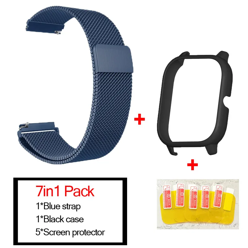 blue-black 7в1 умные часы аксессуары для Huami Amazfit GTS ремешок из нержавеющей стали магнитный браслет для Amazfit gts чехол Защитная пленка - Цвет: blue-black