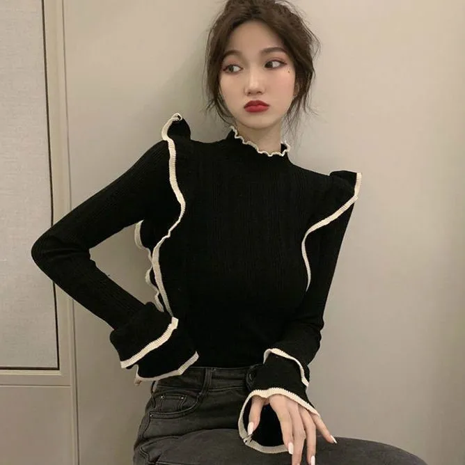 

2021 New Fashion Women's Puff Sleeve Top Slim All-match Women's Long Sleeve T-shirt Top Knitted Top Street Fashion Girl T-shirt
