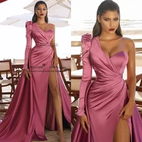 rose pink mermaid prom dresses dubai arabic long sleeves formal evening wear dress high side split celebrity robe de soiree