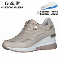 leather upper leather insole women sneakers lace up and zipper wedge waling shoes comfortable and light weight 6 cm platform