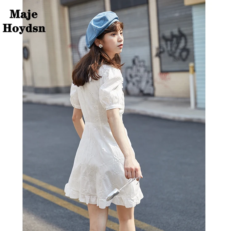 

Новинка весны 2021, корейское женское облегающее платье Maje Hoydsn с изображением листьев лотоса, дизайн французских меньшинств, с коротким рукав...
