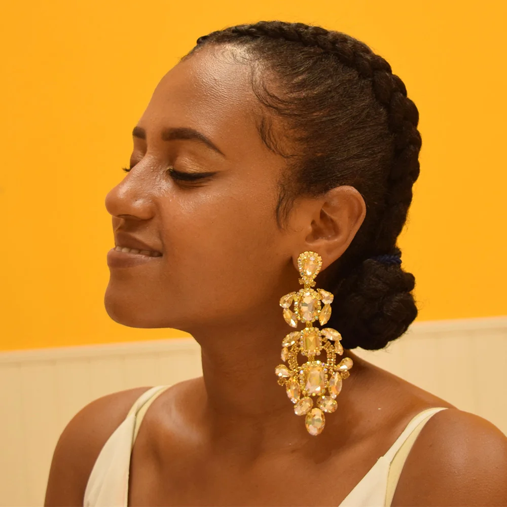 Роскошные серьги клипсы большого размера 12 см стразы подвески для невесты