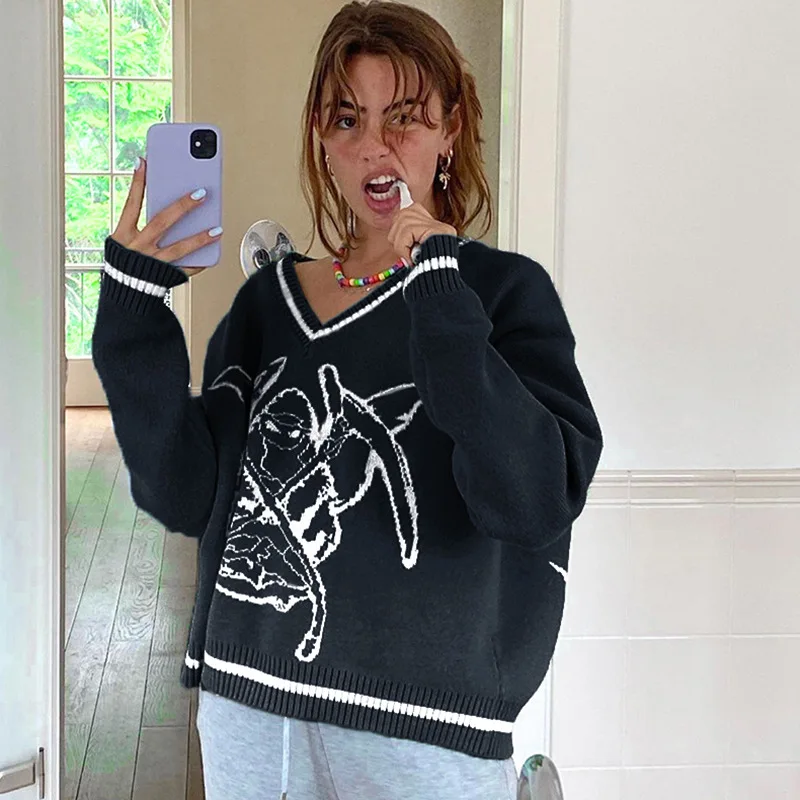 

Europe and The United States British College Wind Autumn New Printing V-neck Loose Casual Versatile Woolen Sweater Coat Sweater