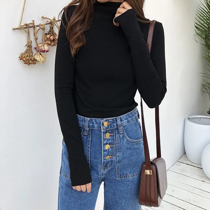 Ulzzang, корейский стиль, длинный рукав, одноцветная, женская футболка, водолазка, повседневная, тонкая, Roupas Feminina, боди, футболка, женская, черная, белая