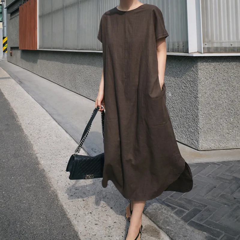 

2020 Summer Casual Femme Irregular Split Dress Women Cotton And Linen Loose Round Neck Short Sleeve Dress ropa de mujer Z341