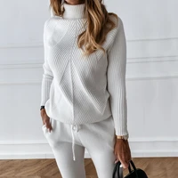 autumn winter womens tracksuit solid color striped turtleneck sweater and elastic trousers suits knitted two piece set
