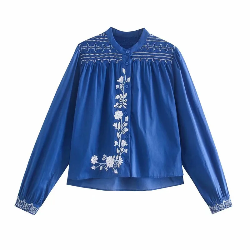 

Женская Асимметричная блузка ZA, синяя хлопковая блузка с длинным рукавом и вышивкой, на пуговицах, 2021