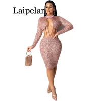 laipelar autumn heavy industry sequined hollow out sexy club open untidy full sleeve elastic high waist women thin midi dress