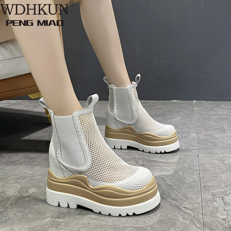 

Summer Women Boots Mesh Breathable Hollow Out Ladies Shoes Thick Bottom Platform Flat Heels Slip On Female Chelsea Ankle Boots