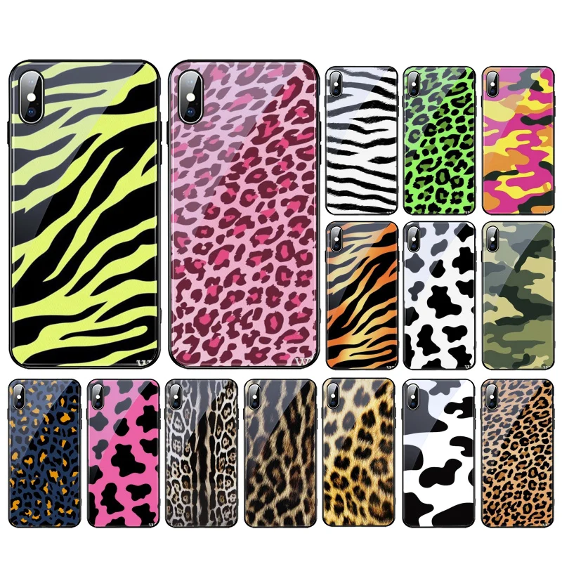 

Leopard Cow Camouflage Zebra Tempered Glass phone case For iphone 13 Pro Max For iphone 12 11 Pro Max XS XR X 8 7 Plus SE2 Case