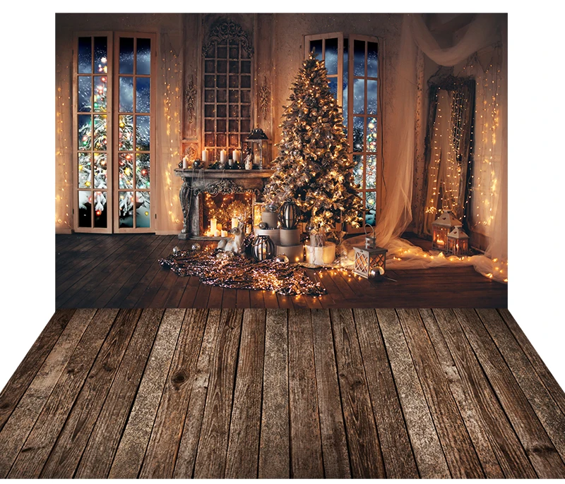 

Photography Backdrops Christmas Background Backdrops Cuddle Up Dark Wooden Cozy Cabin Room Window Light Tree Gifts Stove Decor