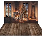 Фон для фотосъемки Рождество фон для фотосъемки с изображением обниматься фотофоны темная деревянная уютная комната окна светильник елкой подарками и плита Декор