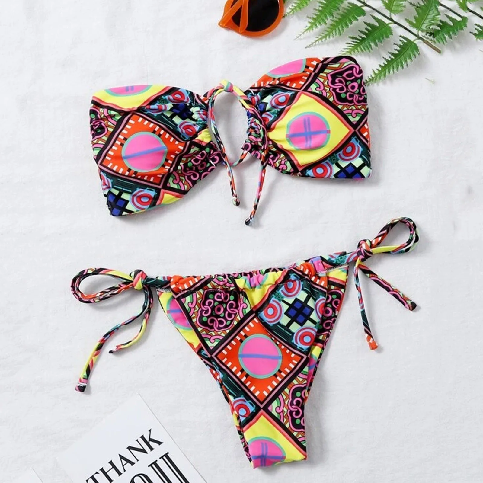 

Women Sexy Boho Style Geometric Print Bandeau Tie Side Swimsuit BIkini Mujer Thong Biquini Beachwear 2021