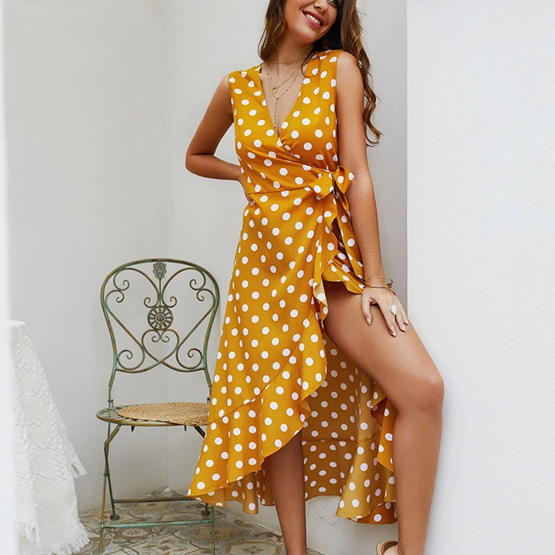 Женское винтажное платье в горошек с запахом без рукавов|Женские платья| |