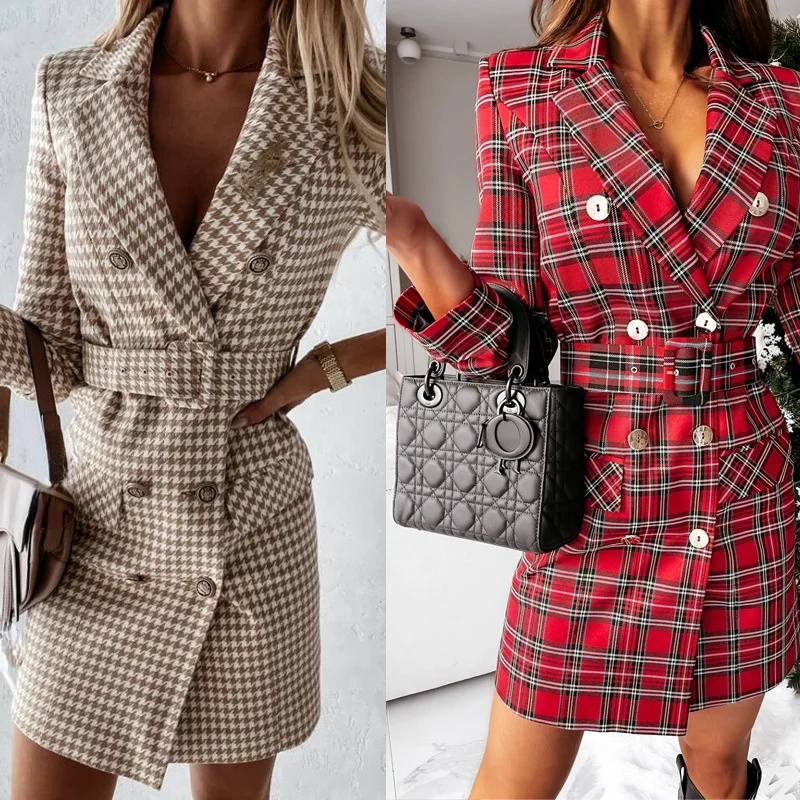 

2021 new women's dress Autumn winter office lady long sleeved color suit dress with belt