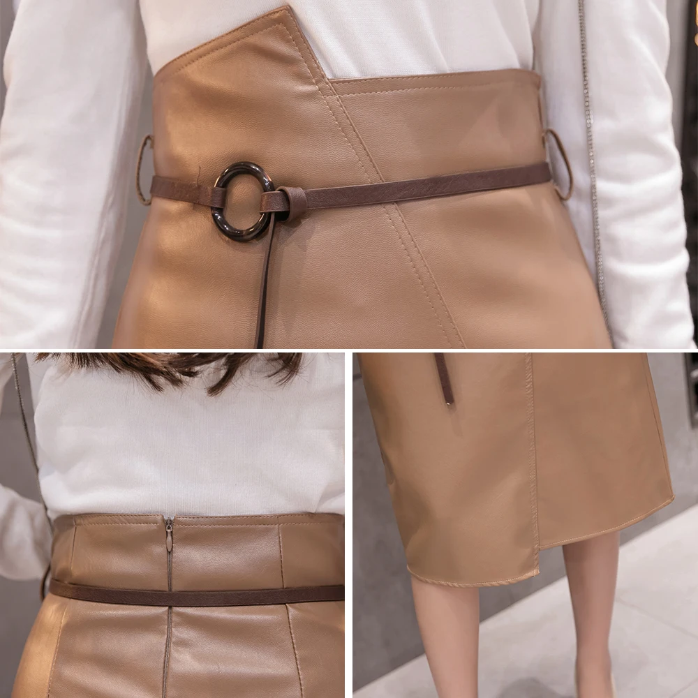 Женская юбка с высокой талией из искусственной кожи черные цвета хаки женские