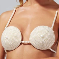 exaggerated imitation pearl big round body chain bra necklace body jewelry for women adjustable pearls chest breast chain bra