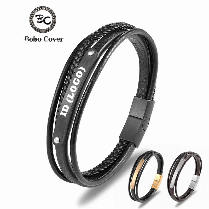 Fashion Genuine Leather Bracelet Men Black Braid Multilayer Rope Chain Stainless Steel ID Brand Magnetic Clasp Male Jewelry Gift | Украшения