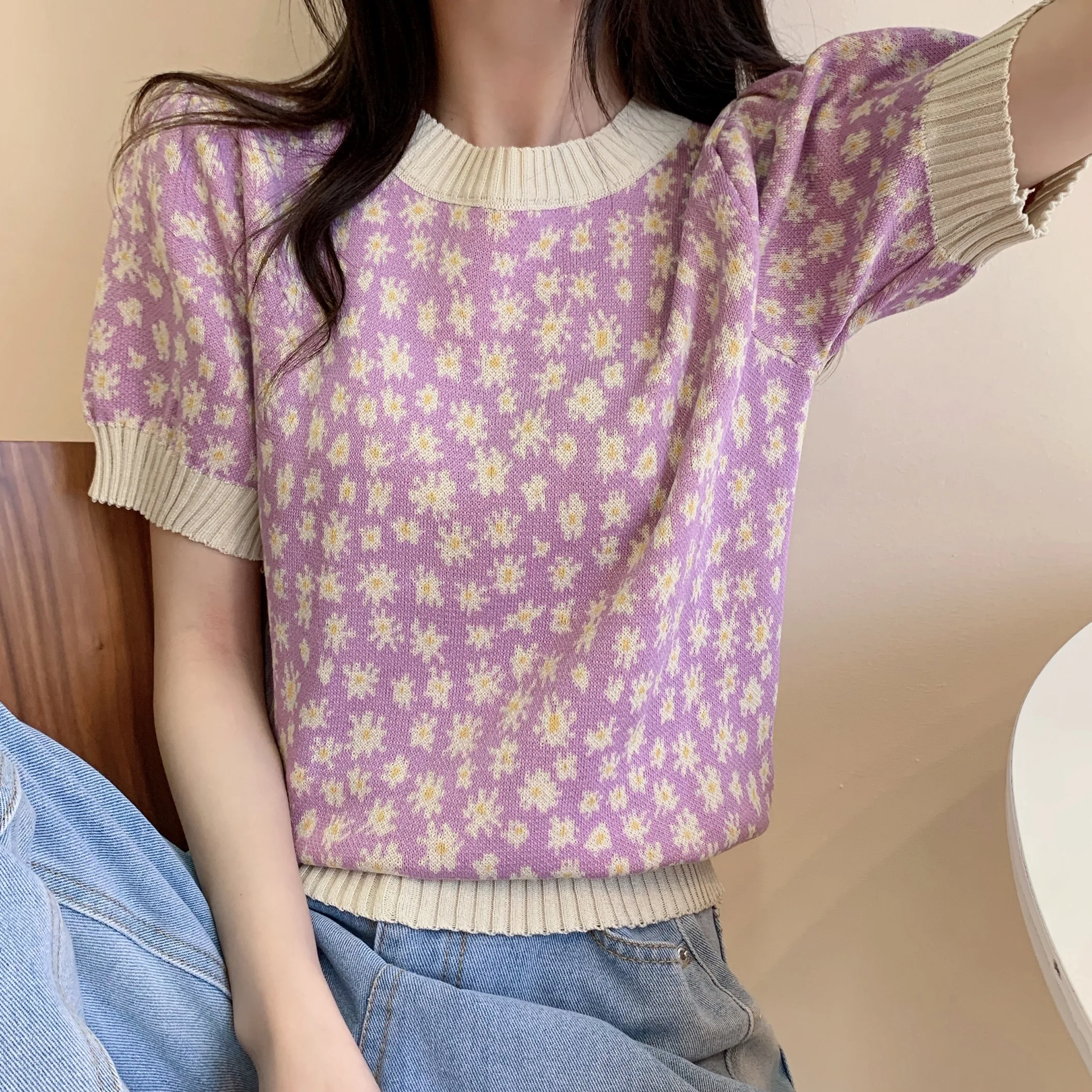 

Daisy Floral Summer Knitted T-Shirts Women O-Neck Short Sleeve Vintage Casual Knitwear Shirts Tops Korean Sweet Streetwear Z922