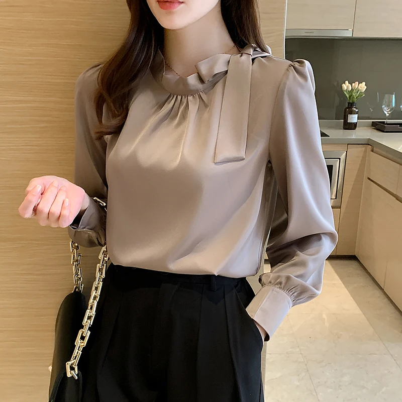 

Blusas Mujer De Moda 2021 Autumn Coffee Satin Top Female Long Sleeve Shirt for Women Bow Elegant Fashion Dropshipping solid 1050