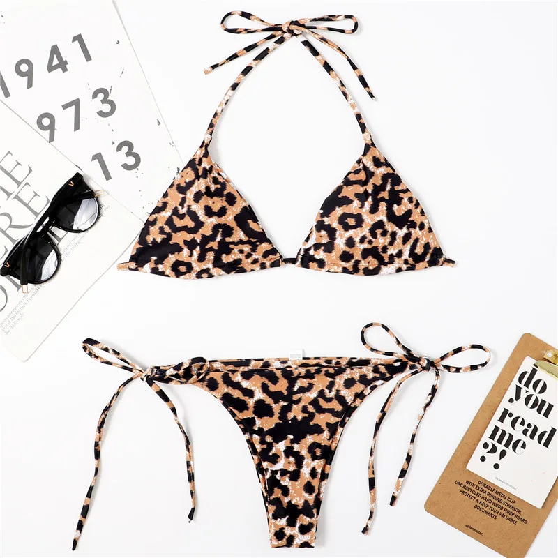 

2021 new leopard print sexy lace up three-point bikini split cow swimsuit female