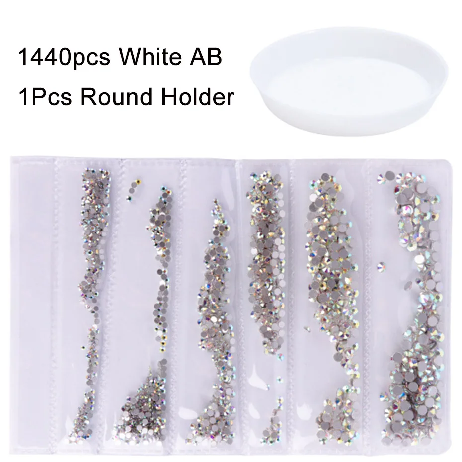 31-Round Holder 1440 шт голографическое искусство ногтей Стразы SS3-SS10 смешанные размеры плоское с оборота стекло белое AB пламя Кристалл Камень Дизайн ногтей украшения JI880 - Цвет: 31-Round Holder