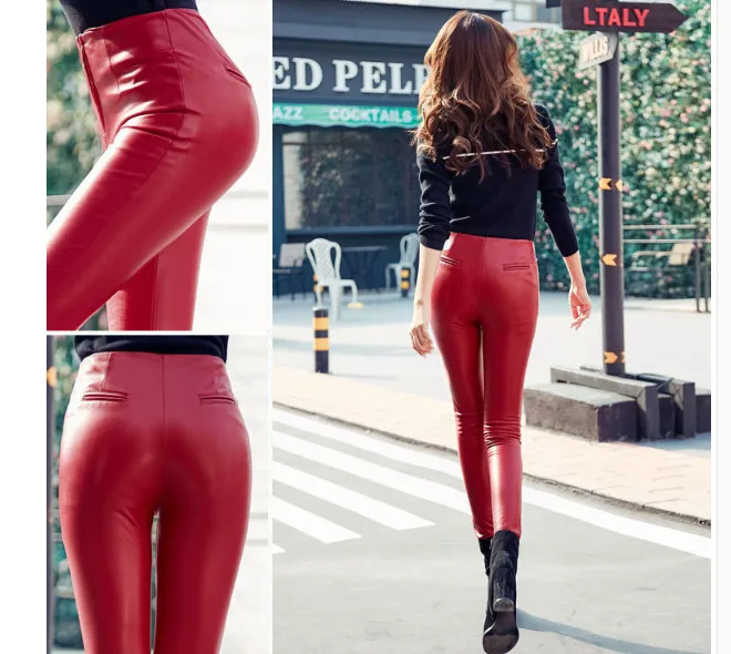 

2019 Winter Faux Leather Pants Women Elastic Zipper Leather Pants trousers Plus Size Sexy Black Pencil high waist velvet pants