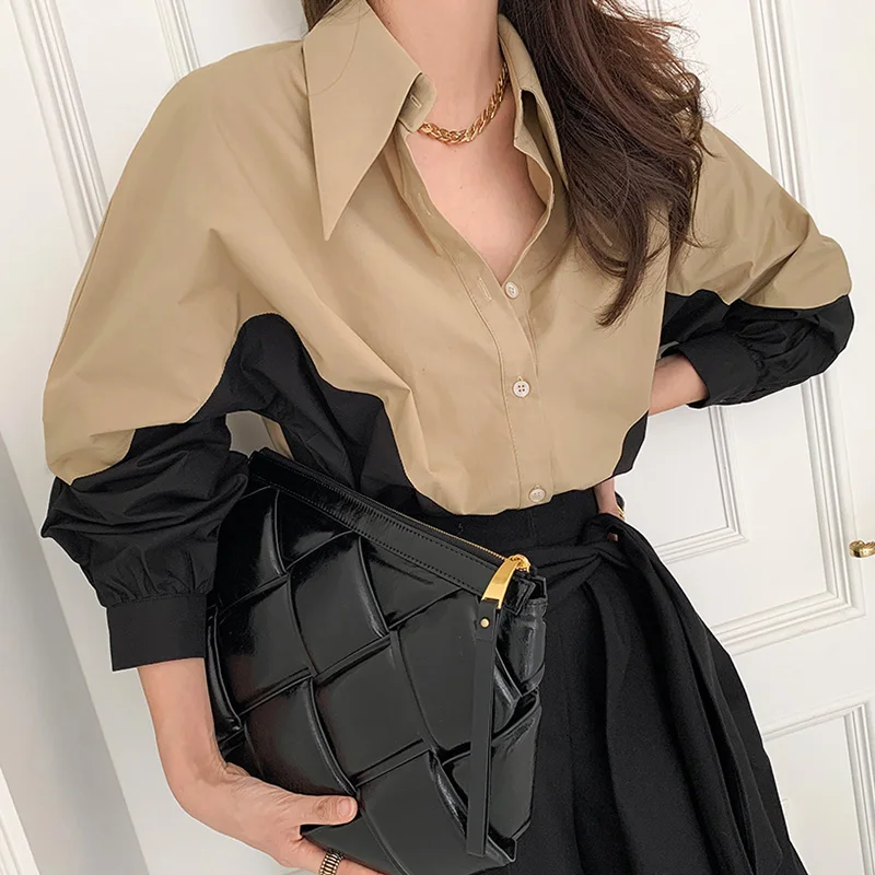 

COIGARSAM Casual Full Sleeve Shirt Womens tops Patchwork Loose Panelled Turn-down Collar Women shirts Khaki White 2414