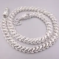 Pure 999 Fine Silver Necklace 12mm Dragon Head Button Double Rolo Link Chain 24.62“L New For Man