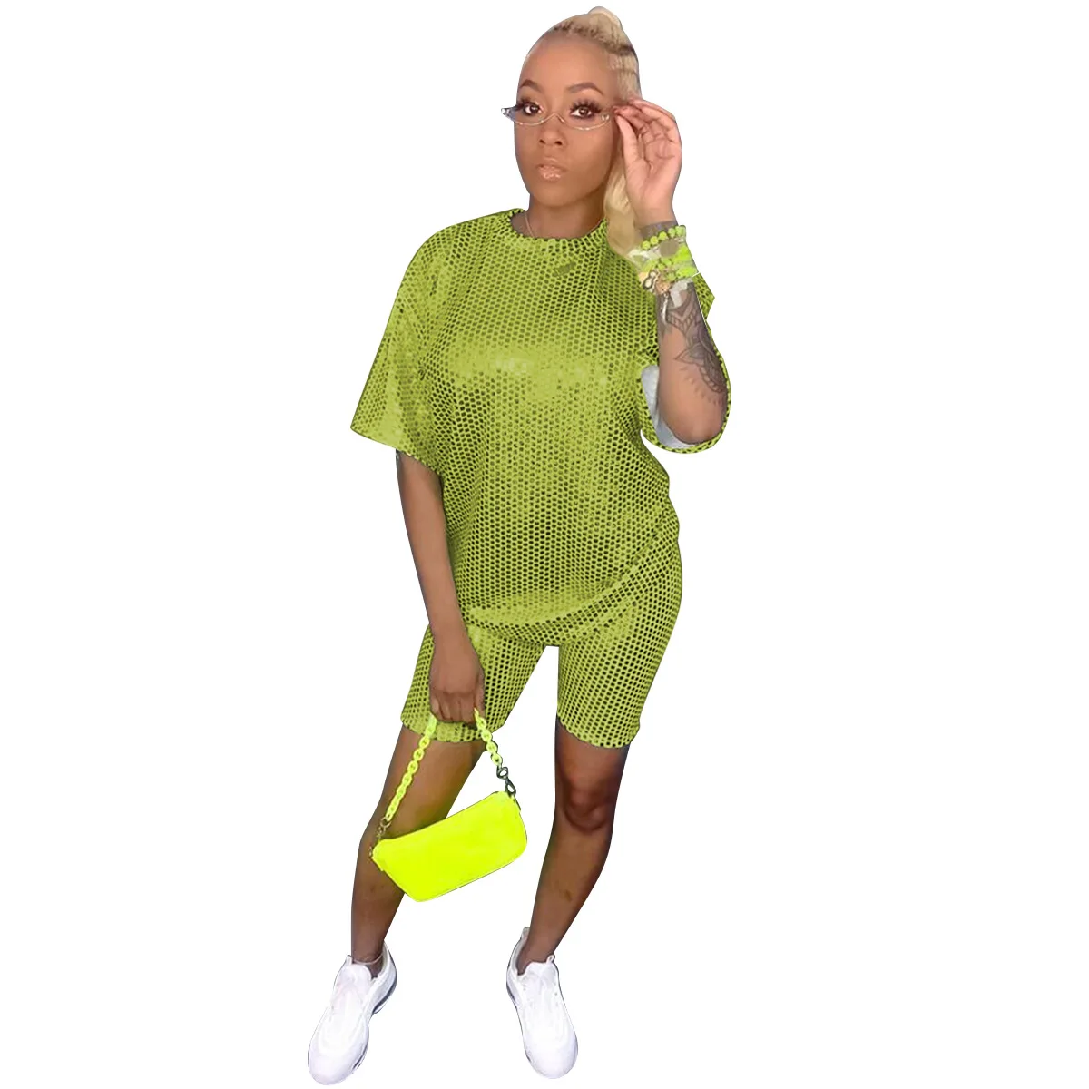 Новый осенний позолоченный Клетчатый Женский комплект футболка с коротким