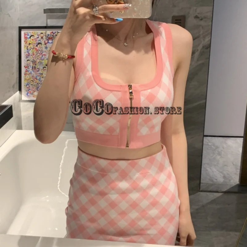

2021 Spring U-Collar Zipper Plaid Slim Fit sexy crop top and mini Skirt stretch branded two piece set bodycon outfits for women