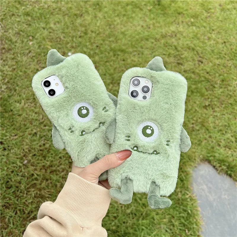 

3D Cute Ears Green Little Monster Fur Plush Phone Case For Xiaomi 11T 10T 9T 10 9 Note10 Lite M3 F1 F2 F3 Pro Redmi Note 7 7A 6A
