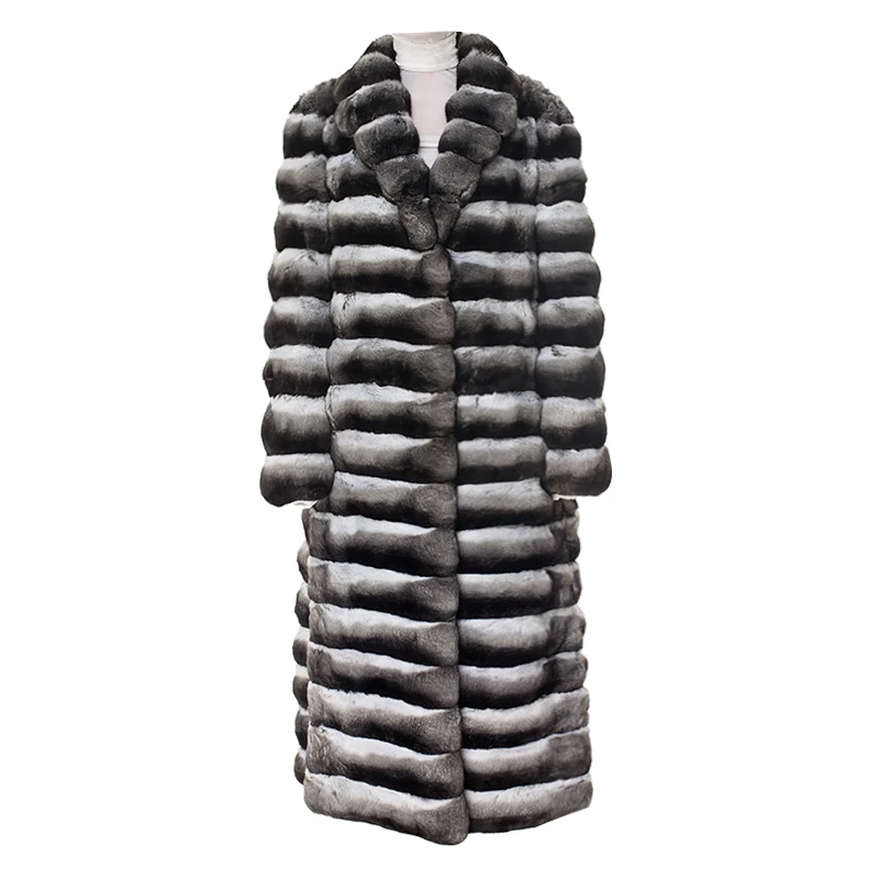 FURSARCAR 2021 New 120cm X-Long Natural Rex Rabbit Fur Jacket With Collar Winter Women Chinchilla Coat Fur Fashion Outwear
