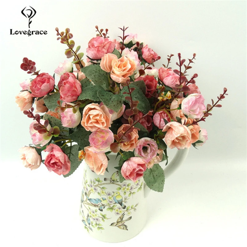 Lovegrace искусственный Шелковый цветок 21 головка ретро роза DIY свадебный букет Бордовые цветы домашвечерние комната Свадебный декор искусственная Роза