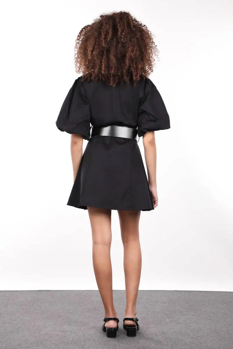 

Black Buttoned Balloon Sleeve Women Dress