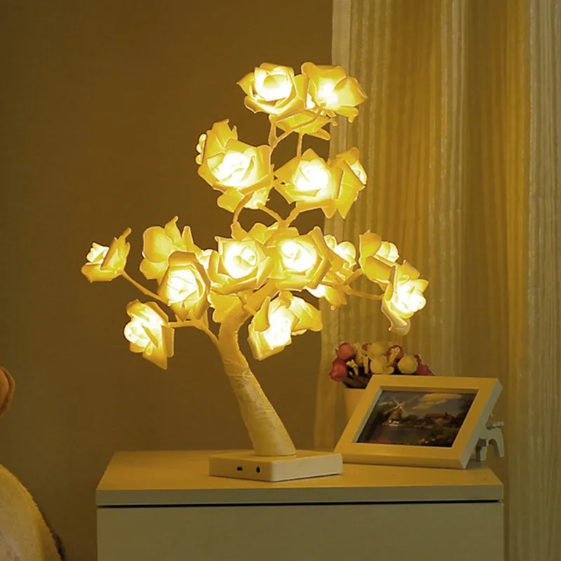 

New USB/Battery Powered LED Rose Tree Table Lamp Bedroom Bedside Christmas Fairy Night Lights for Xmas Wedding Party Home Decor