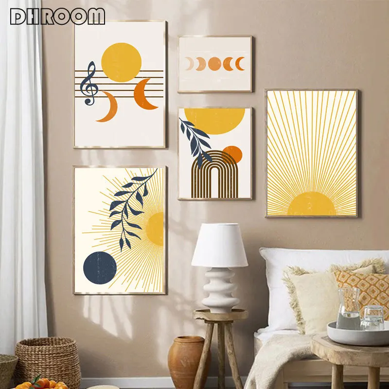 

Abstract Yellow Landscape Canvas Art Painting Boho Poster Sun Moon Wall Art Print Mid Century Posters Prints Living Room Decor